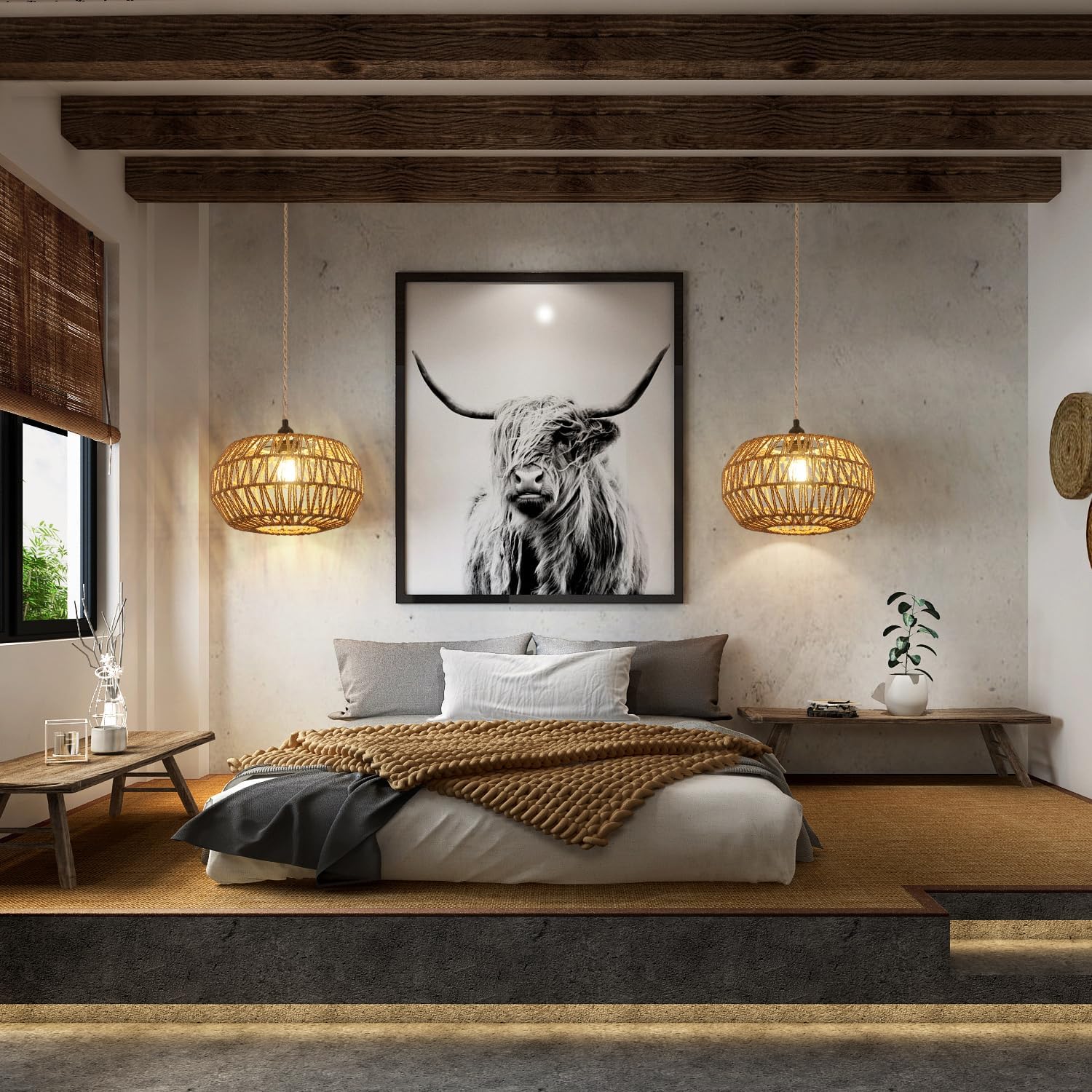 Lampada a sospensione in rattan, lampada da soffitto vintage intrecciata E27, interruttore dimmerabile, lampadario per camera da letto, soggiorno, lampada da soffitto (senza lampadina)