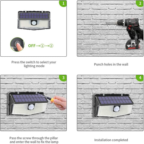 Confezione da 2 luci solari da esterno con sensore di movimento a 300 LED, illuminazione solare a 270°, impermeabile IP65, wireless, 3 modalità per la sicurezza del cortile e del giardino