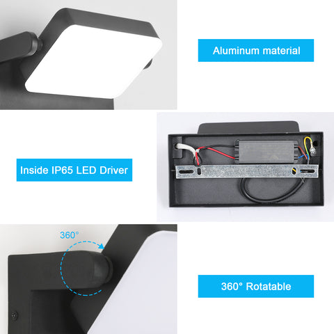 Applique da parete a LED per esterni IP65 - 20W, 2250LM, 6500K, rotazione a 360°, alluminio resistente