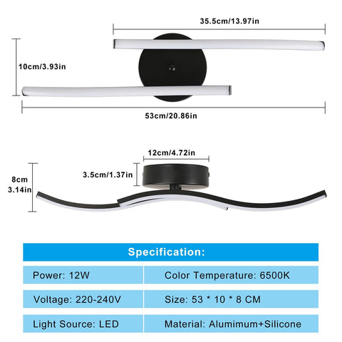 Plafoniera LED moderna da 12 W, luce bianca fredda 6500 K, design a 2 barre parallele, 60 x 12 cm, ideale per camera da letto e soggiorno.