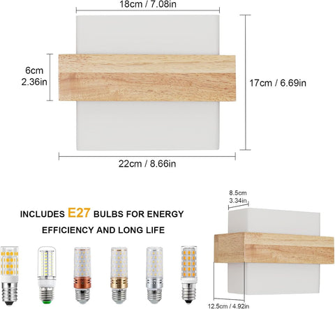 Applique da Parete Interna in Legno E27 con Lampadina 12W Tre Colori