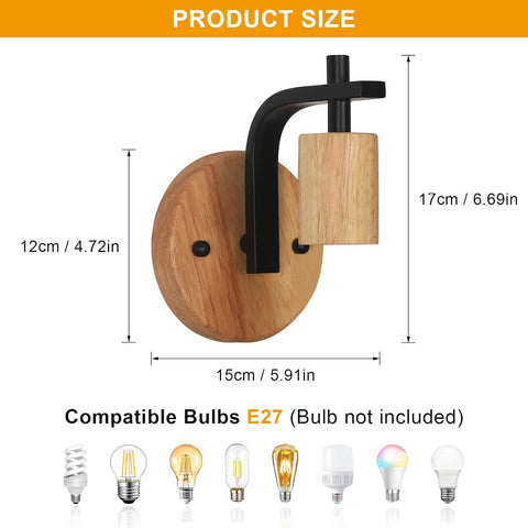 Set di 2 Applique da Parete Vintage in Legno e Metallo Nero E27