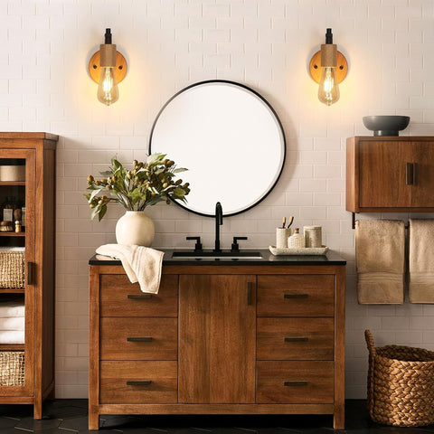 Set di 2 Applique da Parete Vintage in Legno e Metallo Nero E27