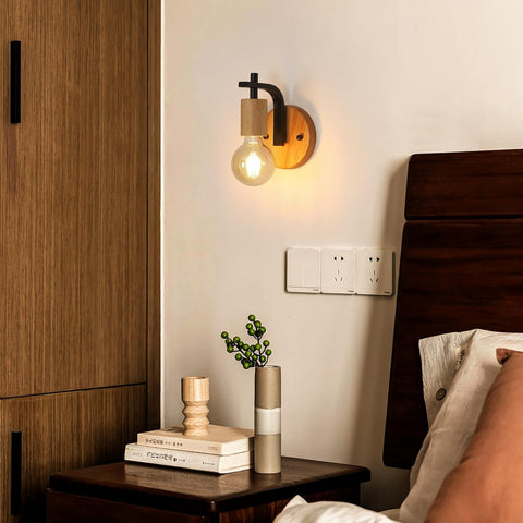 Set di 2 Applique da Parete Vintage in Legno e Metallo Nero E27