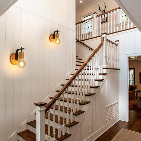 Set di 2 Applique da Parete Vintage in Legno e Metallo Nero E27