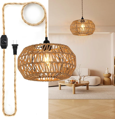 Lampada a sospensione in rattan, lampada da soffitto vintage intrecciata E27, interruttore dimmerabile, lampadario per camera da letto, soggiorno, lampada da soffitto (senza lampadina)
