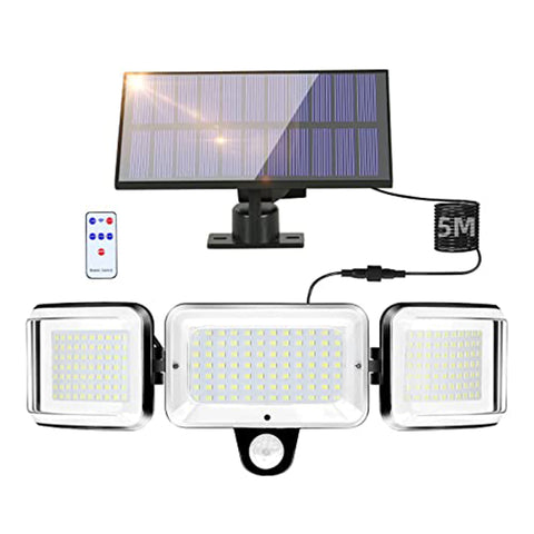 Lampada da parete solare per esterni con sensore separato, nera, 24,3*11,11,8 cm, 224 LED, luce bianca, cavo da 5 metri, rilevamento infrarossi