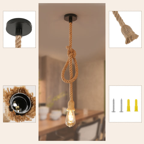 Lampada a sospensione industriale, lampadario a testa singola in corda di canapa, lampada a sospensione retrò E27 per sala da pranzo, ristorante, bar, 150 cm