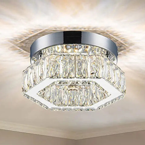 Plafoniera LED esagonale in cristallo 26*23*11 cm, argento, cambio colore a tre colori, con perle luminose al centro