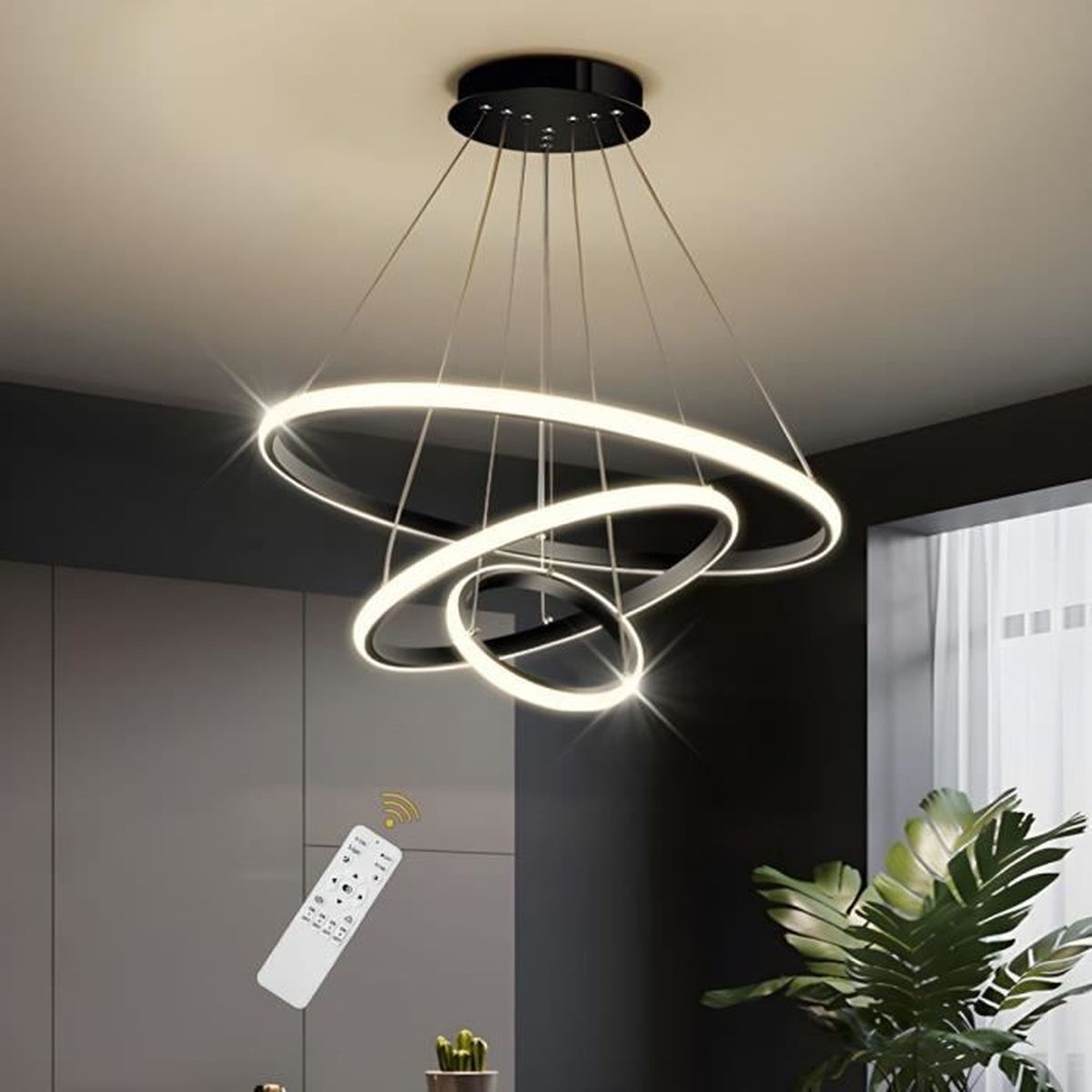 Lampadario dimmerabile 40W Lampada a sospensione moderna con anelli circolari dimmerabile 3000K-6000K per soggiorno camera da letto sala da pranzo ufficio nero