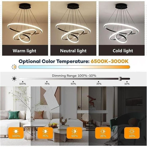 Lampadario dimmerabile 40W Lampada a sospensione moderna con anelli circolari dimmerabile 3000K-6000K per soggiorno camera da letto sala da pranzo ufficio nero