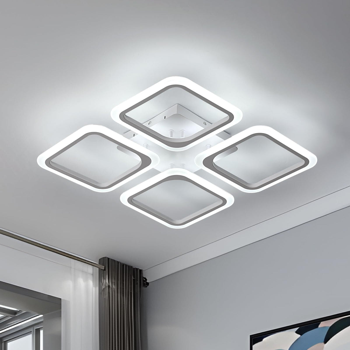 Plafonnier LED, Blanc Carré*4 têtes, en Acrylique, 46W 6500K Lumière Blanche Froide, pour Salon Chambre