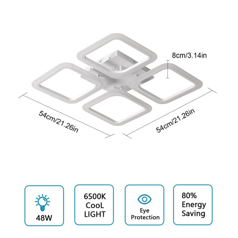 Plafoniera a LED, quadrata bianca*4 teste, acrilico, luce bianca fredda 46W 6500K, per soggiorno camera da letto