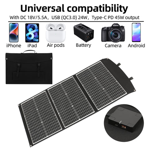 Pannello solare pieghevole impermeabile, attento ed efficiente, celle solari per campeggio all'aperto, caricatore per borsa, 100 W