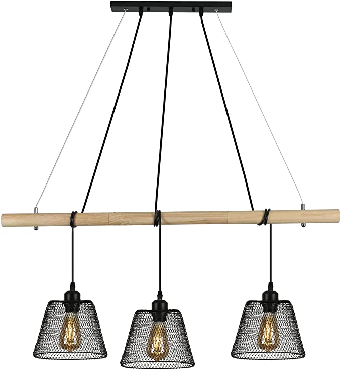 3 lampen vintage industriële hanglamp, gesplitste houten kroonluchter hangend met industrieel ontwerp, industriële woonkamerkroonluchter met E27-aansluiting, stalen hanglamp voor eetkamer