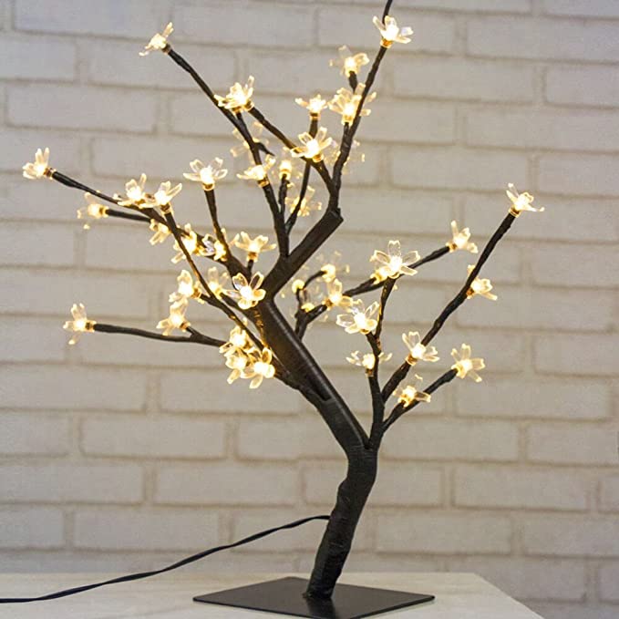 Albero illuminato a LED da 45 cm con 48 fiori di ciliegio, luci a LED, per Natale, interni, decorazioni, ufficio, comodino, bianco caldo