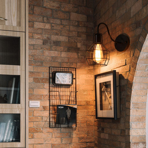 Lampada da parete per interni, lampada da parete retrò, illuminazione da parete a gabbia metallica vintage nera E27, per l'arredamento della casa del bar caffetteria