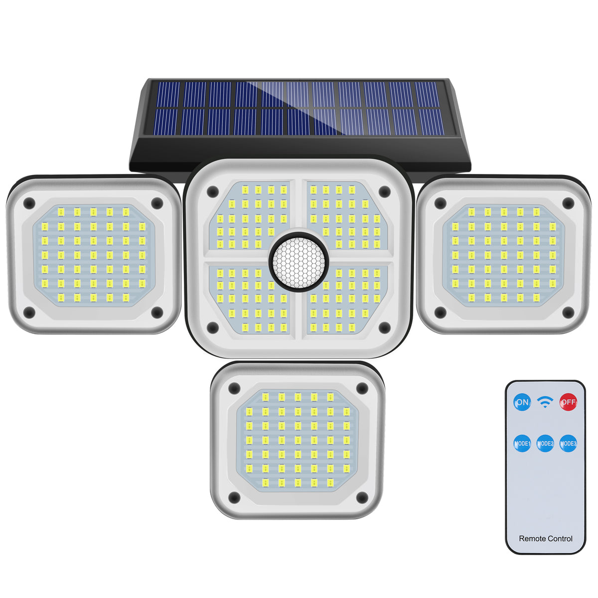 Rilevatore di movimento per lampada solare da esterno, 4 teste 231 Luce solare da esterno a LED con telecomando Illuminazione esterna solare impermeabile IP65 3 modalità Spot Proiettore solare a LED da giardino Bianco freddo