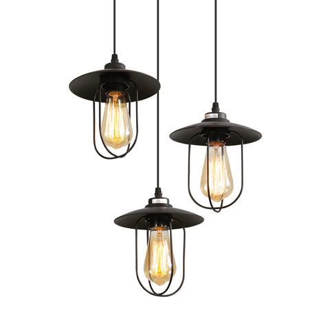 Lampadario Industriale, Lampadario Vintage a 3 Fiamme dal Design Industriale, Lampadario retrò con 3 Gabbie Metalliche, Colore: Nero, Attacco: E27, 3 Luci