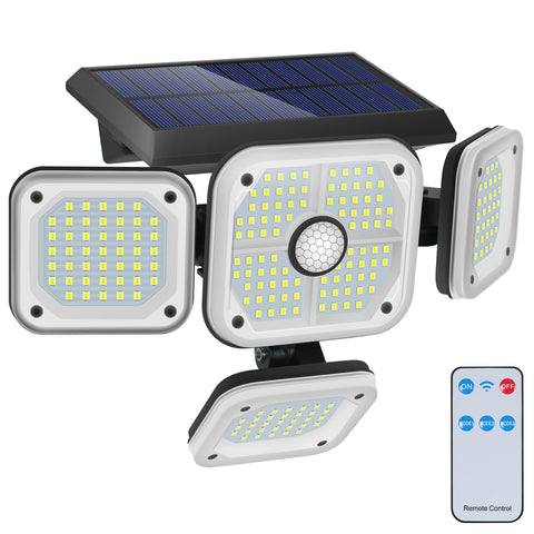Rilevatore di movimento per lampada solare da esterno, 4 teste 231 Luce solare da esterno a LED con telecomando Illuminazione esterna solare impermeabile IP65 3 modalità Spot Proiettore solare a LED da giardino Bianco freddo