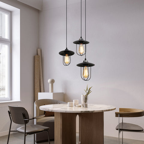 Lampadario Industriale, Lampadario Vintage a 3 Fiamme dal Design Industriale, Lampadario retrò con 3 Gabbie Metalliche, Colore: Nero, Attacco: E27, 3 Luci
