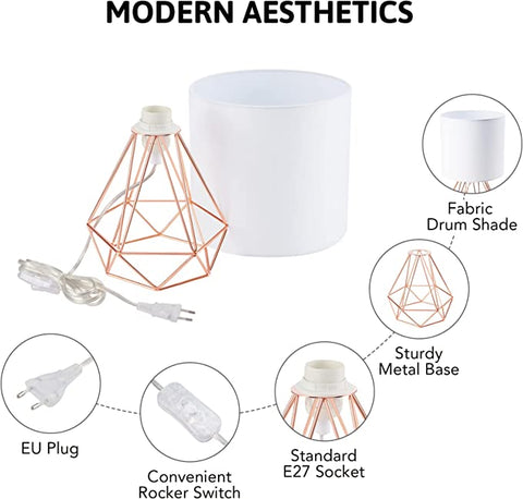 Lampada da tavolo moderna con paralume per camera da letto, lampada a gabbia da soggiorno con finitura cromata e paralume bianco (oro rosa) Lampadine non incluse