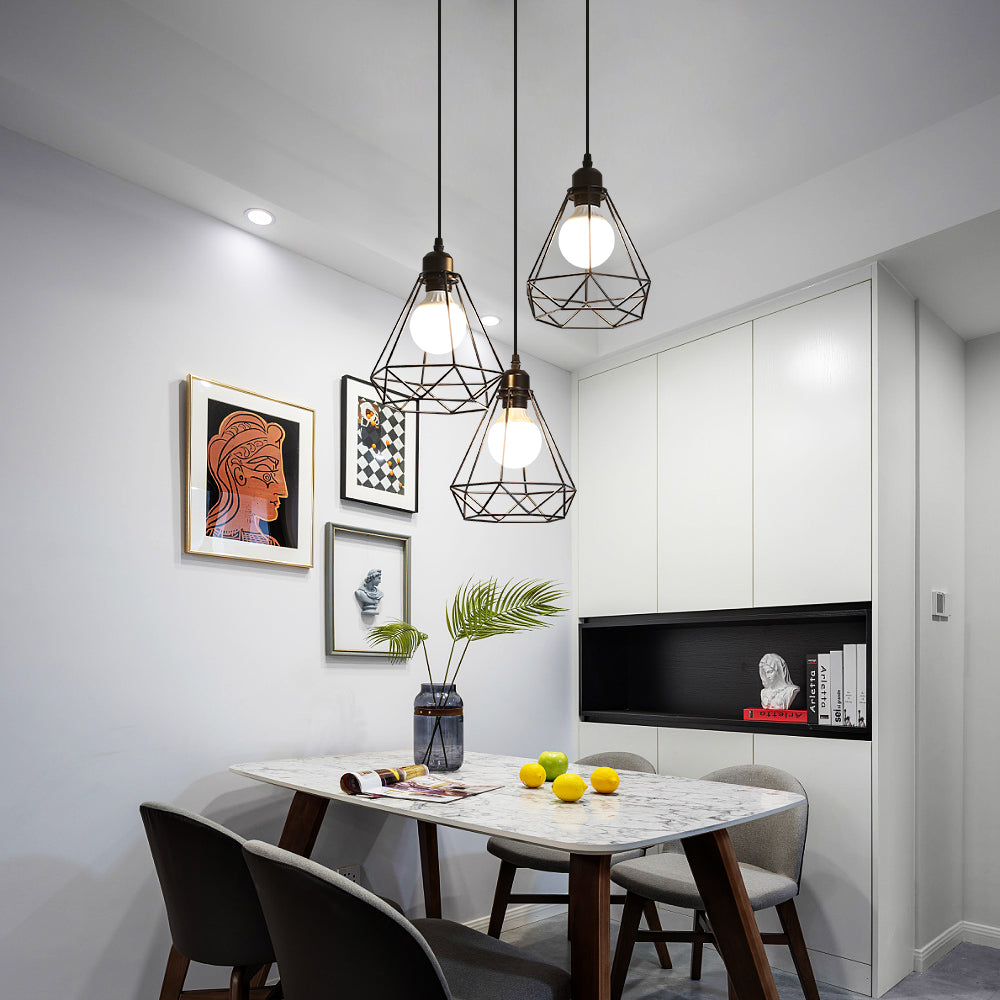 Lampada a sospensione industriale vintage a 3 luci, lampadario in metallo con gabbia geometrica E27 - Lampada a sospensione in stile retrò nero