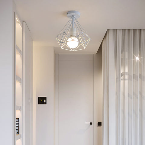 Plafoniera industriale vintage a forma di diamante con gabbia metallica, paralume retrò, lampada a sospensione per sala da pranzo, bar, camera da letto, 25 cm (bianco)
