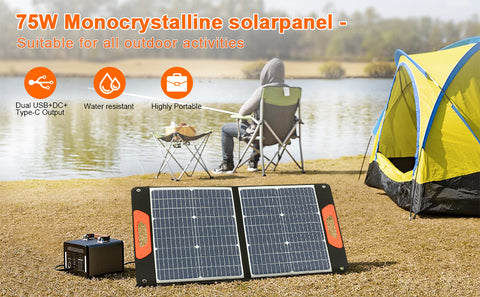 Pannello solare portatile pieghevole da 75 W 3 porte DC/PD 45 W/QC3.0/USB compatibile con la maggior parte dei generatori solari portatili/centrali elettriche/telefoni/laptop per viaggi/campeggio/camper