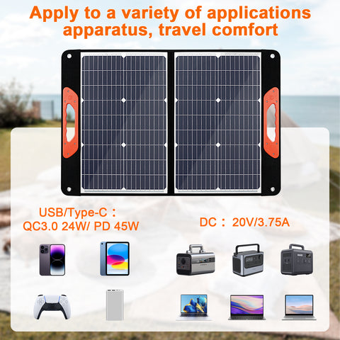 Pannello solare portatile pieghevole da 75 W 3 porte DC/PD 45 W/QC3.0/USB compatibile con la maggior parte dei generatori solari portatili/centrali elettriche/telefoni/laptop per viaggi/campeggio/camper