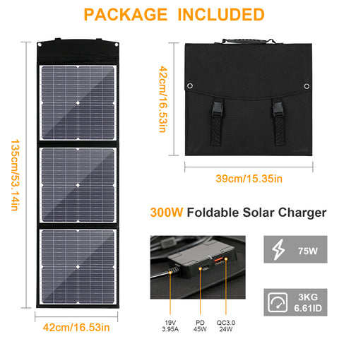 Pannello solare MonocBN efficiente pieghevole da 75 W, borsa pieghevole da viaggio per caricatore esterno con 3 pannelli solari DC/USB/TYPE-C