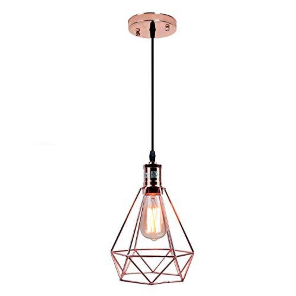 Goeco Lampada a sospensione geometrica vintage a forma di piramide con paralume in filo metallico, lampada a sospensione a soffitto (oro rosa)