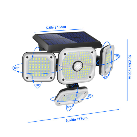 Rilevatore di movimento per lampada solare da esterno, 4 teste 231 Luce solare da esterno a LED con telecomando Illuminazione esterna solare impermeabile IP65 3 modalità Spot Proiettore solare a LED da giardino Bianco freddo
