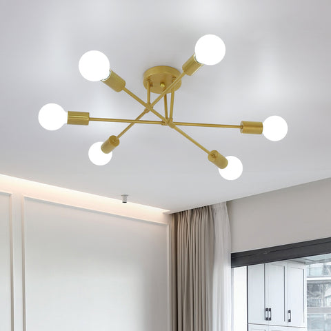 Moderna plafoniera a LED, lampadario retrò vintage a sospensione 6 luci base E27, lampadario in metallo lampada per soggiorno camera da letto cucina corridoio soppalco sala da pranzo bar caffetteria, oro (senza lampadine) 