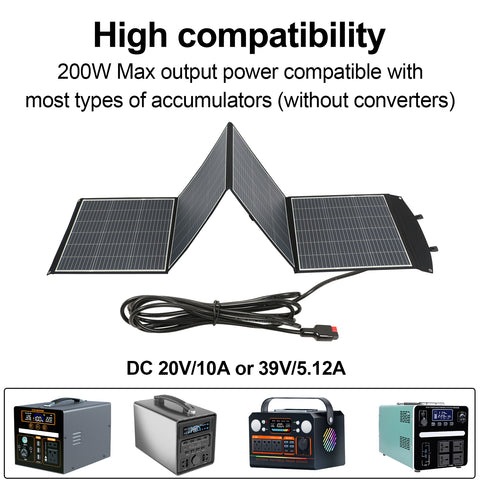 Pannello solare da 200 W - Alimentazione monocristallina, uscita CC 20 V/10 A o 39 V/5,12 A, 3 strati