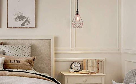 Goeco Lampada a sospensione geometrica vintage a forma di piramide con paralume in filo metallico, lampada a sospensione a soffitto (oro rosa)