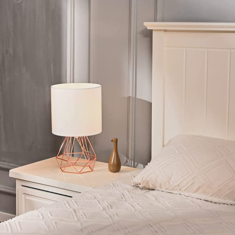 Lampada da tavolo moderna con paralume per camera da letto, lampada a gabbia da soggiorno con finitura cromata e paralume bianco (oro rosa) Lampadine non incluse
