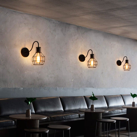 Lampada da parete per interni, lampada da parete retrò, illuminazione da parete a gabbia metallica vintage nera E27, per l'arredamento della casa del bar caffetteria