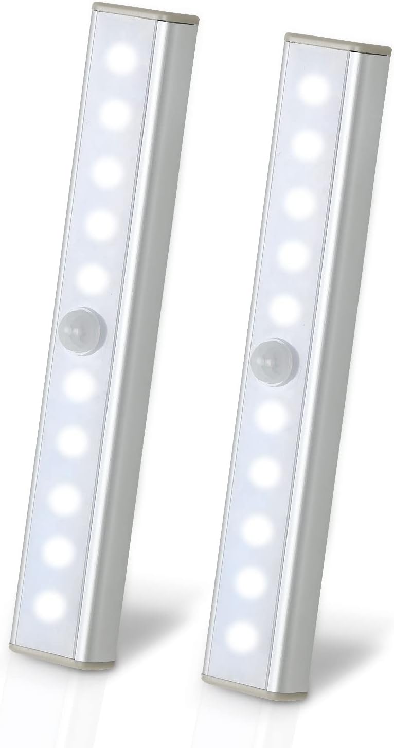 Lampada LED per Armadietto, 10 LED, Luce Bianca 6500K, Sensore di Movimento, Lampada Ricaricabile per Armadietto con Striscia Magnetica Autoadesiva, Adatta per Cucina, Scale, Corridoio (2 Pezzi) 