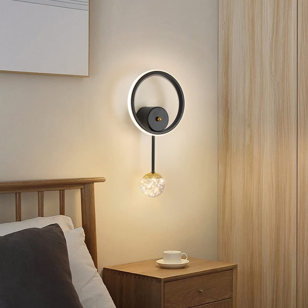 Lampada da parete per interni, Lampada da parete a LED Design moderno rotondo 17W, Lampada da parete a LED 3000K Luce calda Nera per camera da letto, soggiorno, corridoio