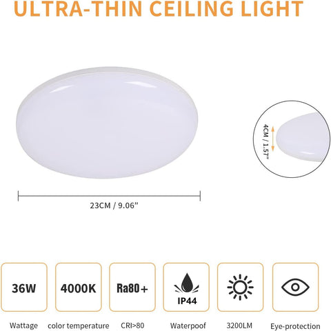Plafoniera LED, Plafoniera Moderna 36W 3200LM, Plafoniera LED Rotonda Ultra Sottile per Bagno Cucina Camera da Letto Corridoio Balcone, Ø23*H4cm, 4000K Bianco Naturale