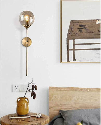 Lampada da parete industriale vintage, globo in vetro ambrato con lampada da parete dorata a braccio lungo, lampada da parete dorata per comodino (ambra) E14, （lampadina non inclusa）