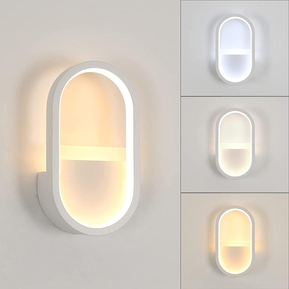 Lampada da parete moderna a LED, lampada da parete regolabile in 3 colori 3000K, 4000K, 6000K, illuminazione da parete ovale per interni da 16 W per corridoio, camera da letto, soggiorno (controllo interruttore) Bianco 