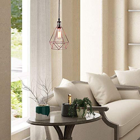Goeco Lampada a sospensione geometrica vintage a forma di piramide con paralume in filo metallico, lampada a sospensione a soffitto (oro rosa)