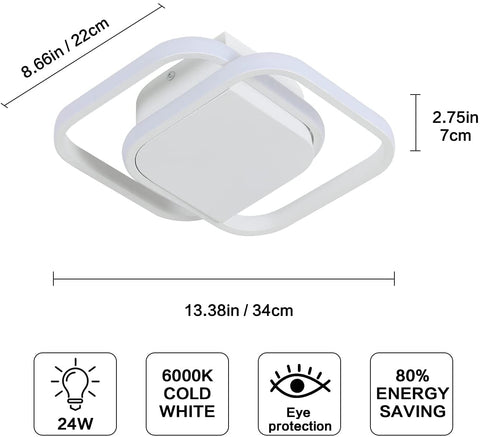 Moderna plafoniera a LED, lampada da soffitto a LED quadrata 24W 2200LM, lampada da soffitto in bianco freddo 6000K, plafoniera in acrilico, per camera da letto soggiorno cucina corridoio (Bianco)