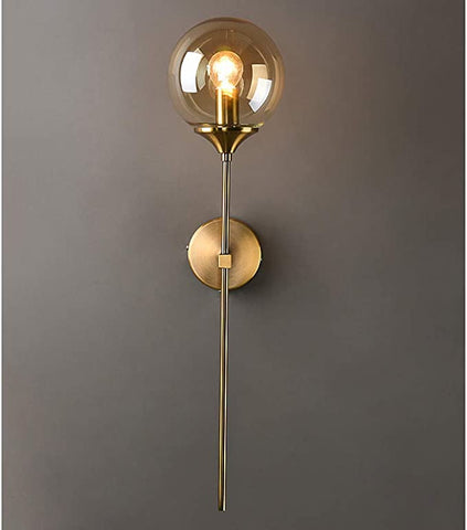 Lampada da parete industriale vintage, globo in vetro ambrato con lampada da parete dorata a braccio lungo, lampada da parete dorata per comodino (ambra) E14, （lampadina non inclusa）