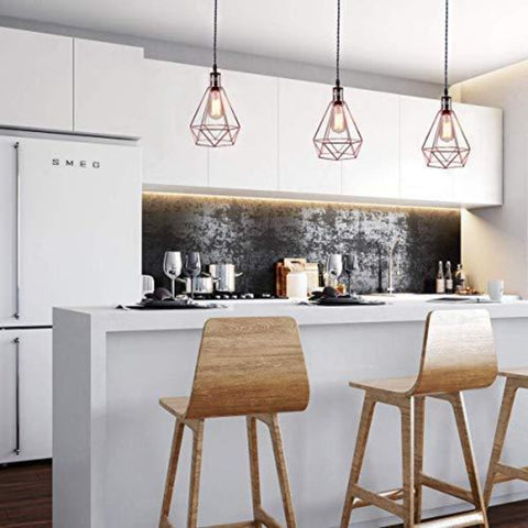 Goeco Lampada a sospensione geometrica vintage a forma di piramide con paralume in filo metallico, lampada a sospensione a soffitto (oro rosa)