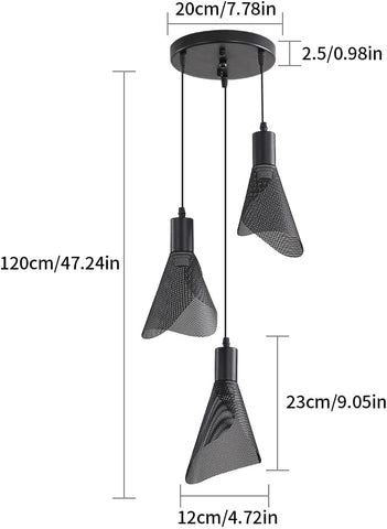 Lampada a sospensione industriale, plafoniera vintage nera, lampadario con paralume in PVC per camera da letto, soggiorno, ristorante, bar, 3 luci E14 (senza lampadina) 