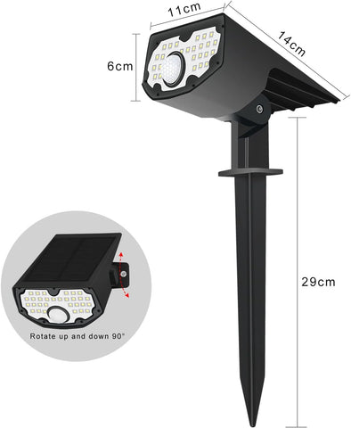 Lampada solare da esterno, Lampada solare da giardino con sensore di movimento, Confezione da 2, 30 LED Bianco freddo 6100-6800K 650LM Faretto solare da esterno IP67 Illuminazione impermeabile 3 modalità, per cortile, vialetto, percorso