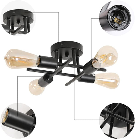 Plafoniera vintage E27 Base 4 lampade Lampada da soffitto per soggiorno camera da letto sala da pranzo ufficio nero 